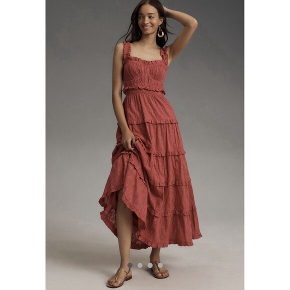 Anthropologie Sleeveless Square Neck Ruffle Tiered Midi Dress Sz Sm Pink - Picture 1 of 9